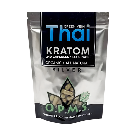 O.P.M.S. SILVER KRATOM CAPSULES 240CT / 144G / 5.08OZ - THAI GREEN VEIN - Seven Tech