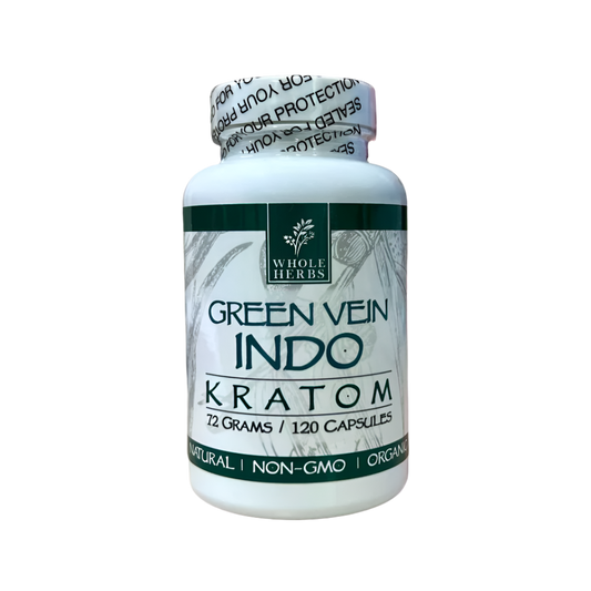WHOLE HERBS KRATOM CAPSULES 120CT / 72G / 2.5OZ - INDO GREEN VEIN - Seven Tech