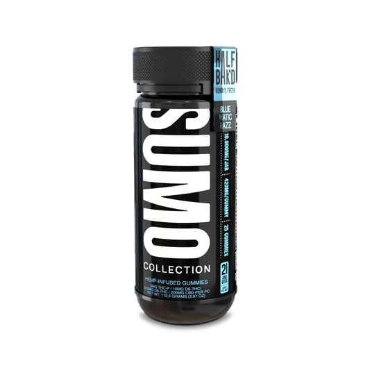 HALF BAK'D D9 SUMO 25CT 420MG PER GUMMY - BLUEMATIC RAZZ - Seven Tech