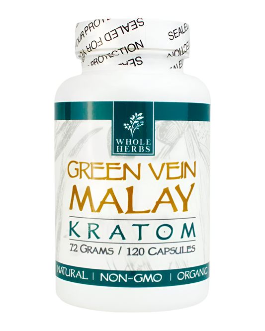 WHOLE HERBS KRATOM CAPSULES 120CT / 72G / 2.5OZ - MALAY GREEN VEIN - Seven Tech