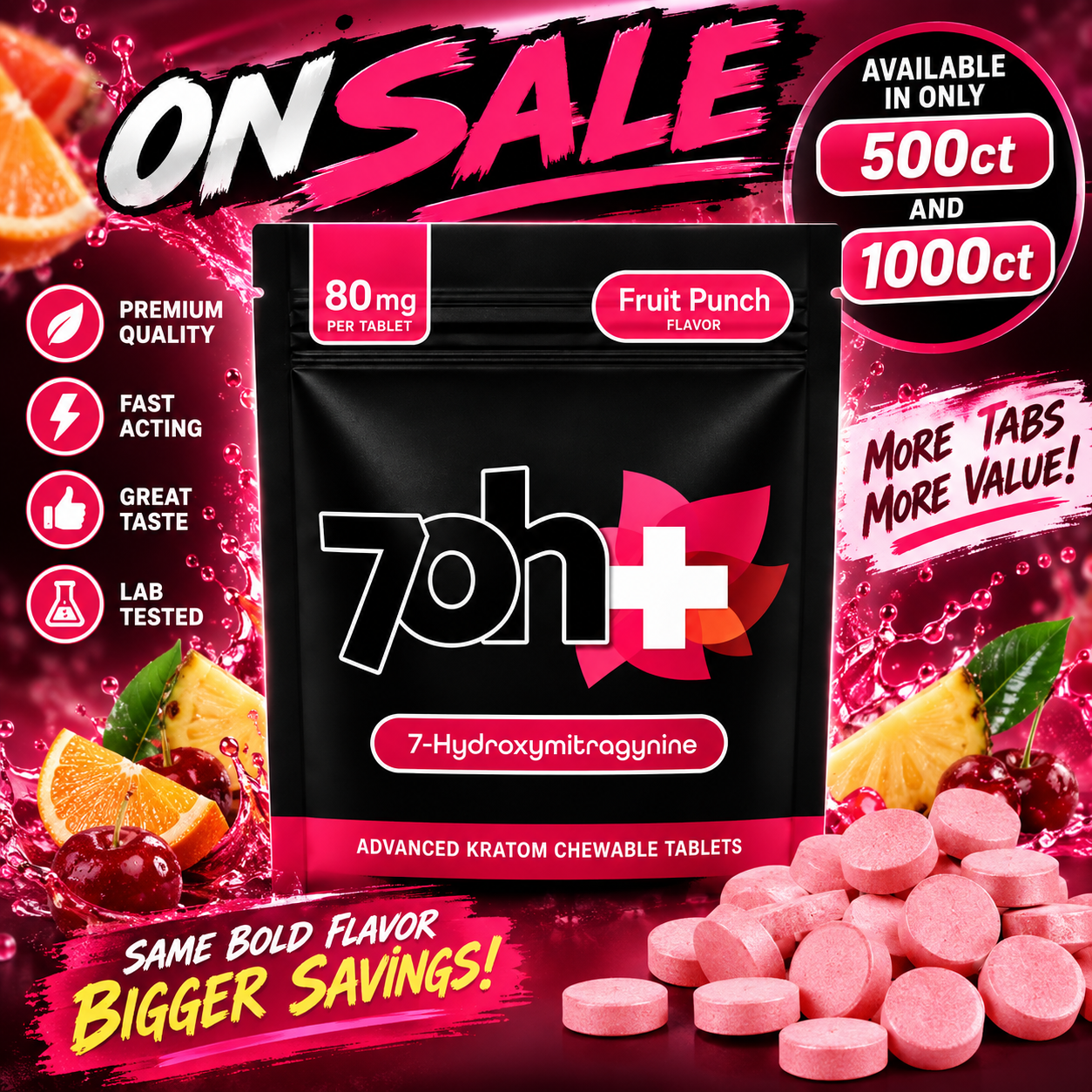 7OH Plus 7-Hydroxymitragymime Chewable Tablets 80mg Per Tablet - Fruit Punch 500ct & 1000ct