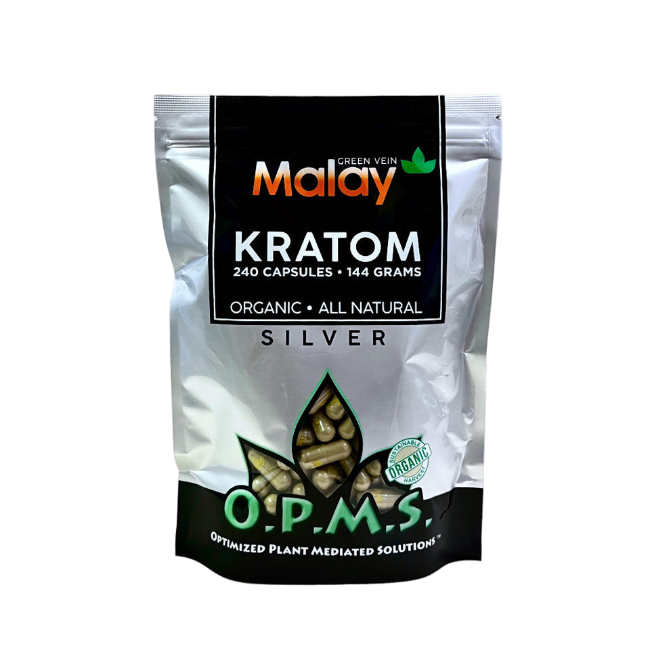 O.P.M.S. SILVER KRATOM CAPSULES 240CT / 144G / 5.08OZ - MALAY GREEN