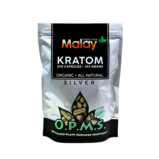 O.P.M.S. SILVER KRATOM CAPSULES 240CT / 144G / 5.08OZ - MALAY GREEN