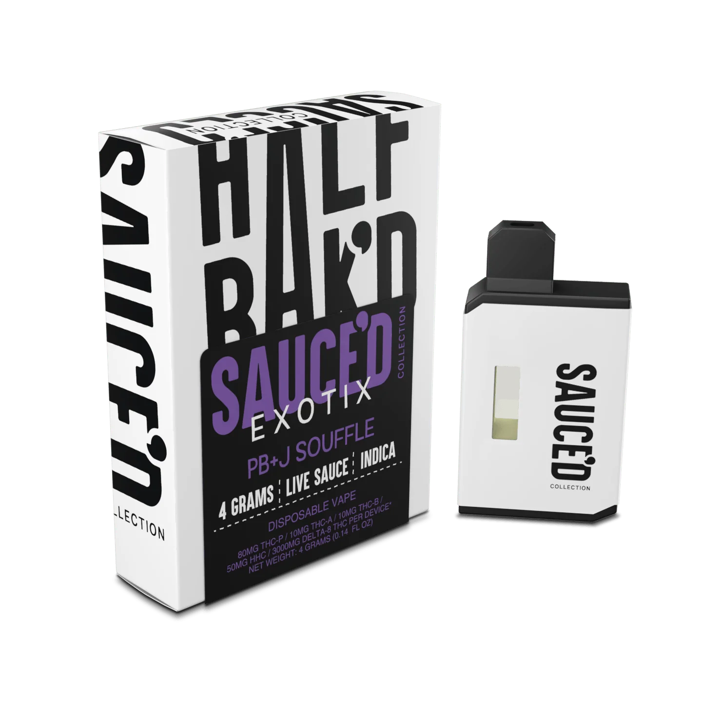 HALF BAKED SAUCED EXOTIX PB&J SOUFFLE  4 GRAMS LIVE SAUCE INDICA DISPOSABLE VAPE 80MG THC-B 5OMH HHC/