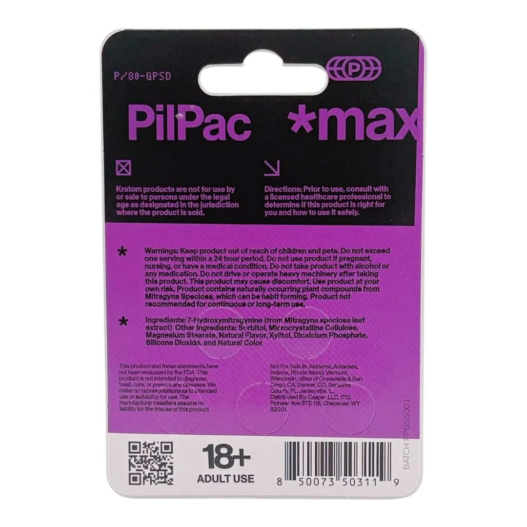 PILPAC *MAX DESIGNER ALKALOIDS MAXIMUM STRENGTH 7- HYDROXY CHEWABLE TABLETS 80MG 5CT - GRAPE SODA