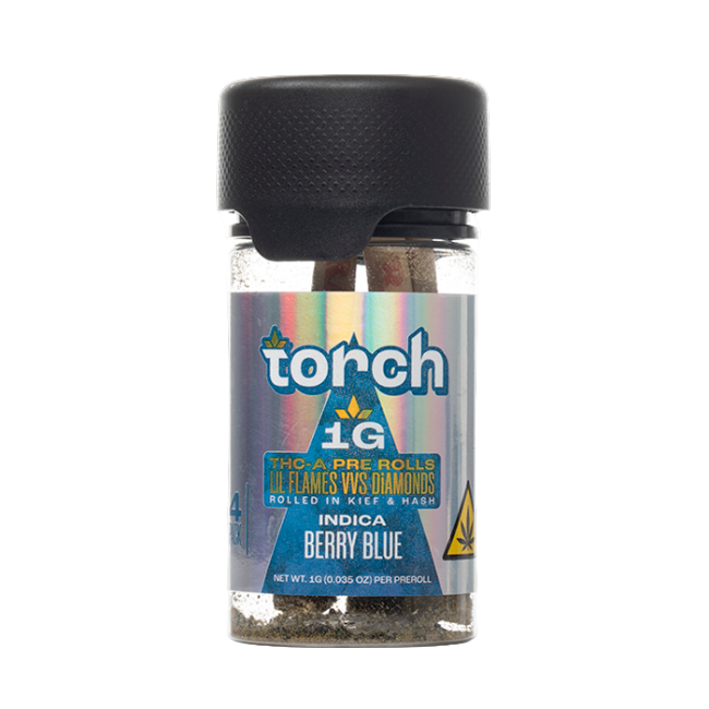 Torch THC-A Pre-Rolls Lil Flames VVS Diamonds Rolled in Kief and Hash 1g 4ct Jar Berry Blue Indica