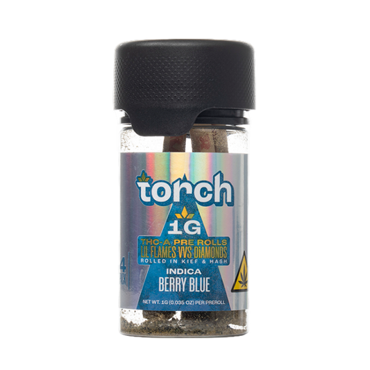 Torch THC-A Pre-Rolls Lil Flames VVS Diamonds Rolled in Kief and Hash 1g 4ct Jar Berry Blue Indica