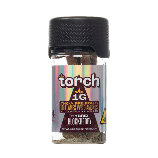 Torch THC-A Pre-Rolls Lil Flames VVS Diamonds Rolled in Kief and Hash 1g 4ct Jar Blockberry Hybrid