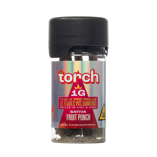 Torch THC-A Pre-Rolls Lil Flames VVS Diamonds Rolled in Kief and Hash 1g 4ct Jar Fruit Punch Sativa
