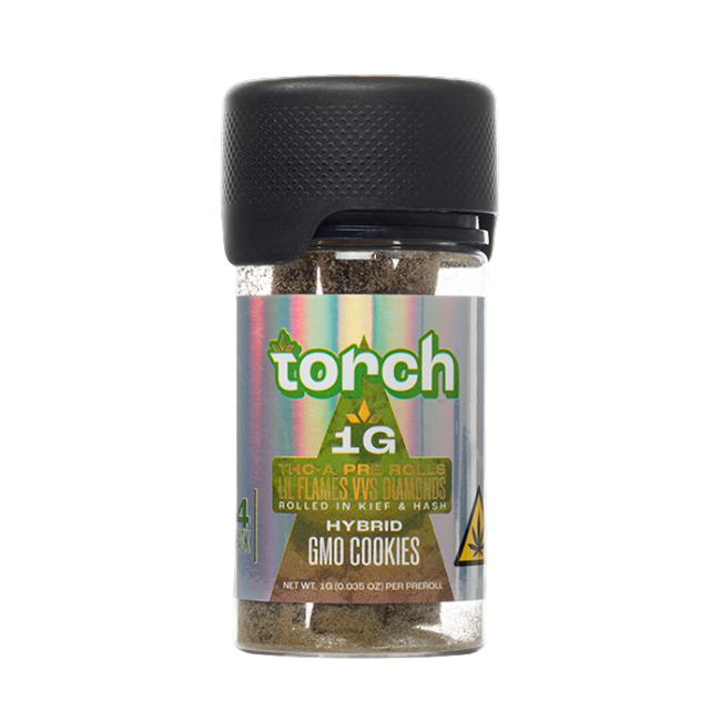 Torch THC-A Pre-Rolls Lil Flames VVS Diamonds Rolled in Kief and Hash 1g 4ct Jar GMO Cookies Hybrid