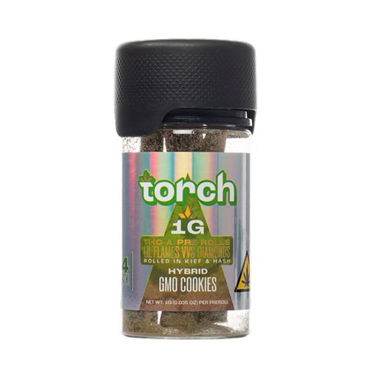 Torch THC-A Pre-Rolls Lil Flames VVS Diamonds Rolled in Kief and Hash 1g 4ct Jar GMO Cookies Hybrid