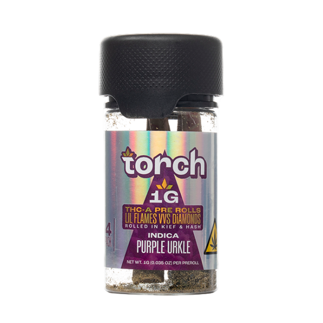 Torch THC-A Pre-Rolls Lil Flames VVS Diamonds Rolled in Kief and Hash 1g 4ct Jar Purple Urkle Indica