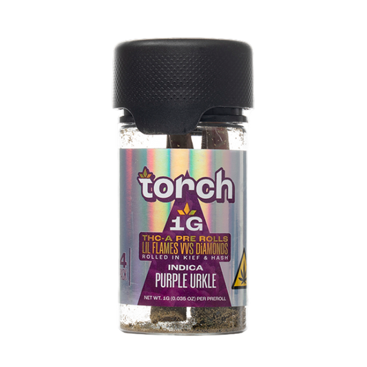Torch THC-A Pre-Rolls Lil Flames VVS Diamonds Rolled in Kief and Hash 1g 4ct Jar Purple Urkle Indica