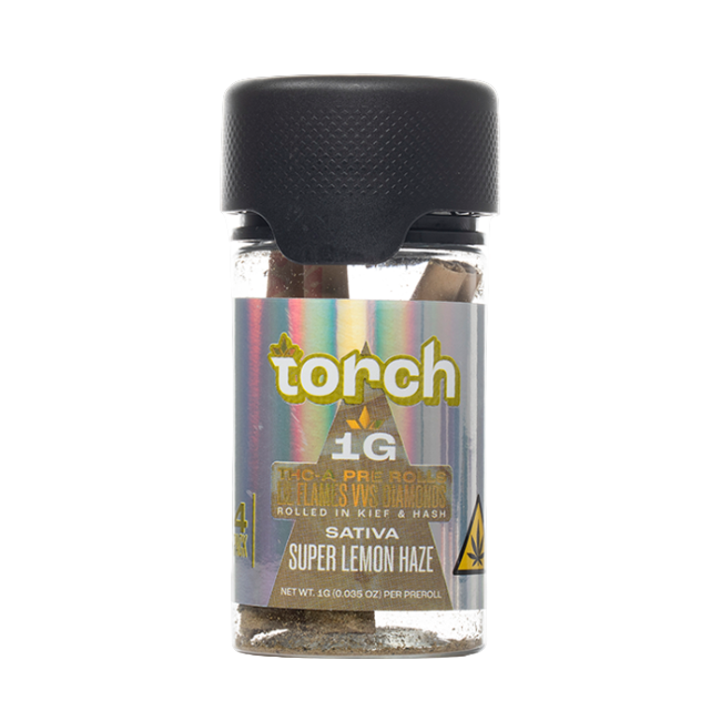 Torch THC-A Pre-Rolls Lil Flames VVS Diamonds Rolled in Kief and Hash 1g 4ct Jar Super Lemon Haze Sativa