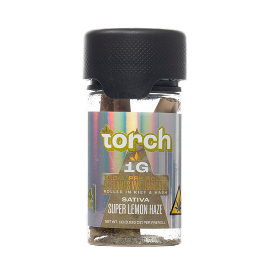 Torch THC-A Pre-Rolls Lil Flames VVS Diamonds Rolled in Kief and Hash 1g 4ct Jar Super Lemon Haze Sativa