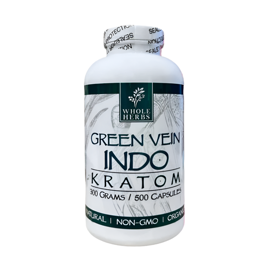 WHOLE HERBS KRATOM CAPSULES 500CT / 300G / 10.6OZ - INDO GREEN VEIN - Seven Tech
