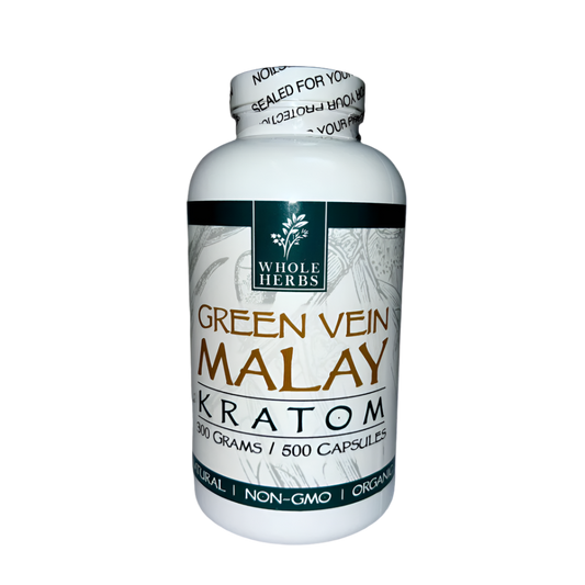 WHOLE HERBS KRATOM CAPSULES 500CT / 300G / 10.6OZ - MALAY GREEN VEIN - Seven Tech