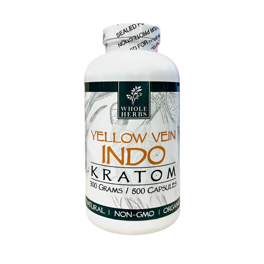 WHOLE HERBS KRATOM CAPSULES 500CT / 300G / 10.6OZ - INDO YELLOW VEIN - Seven Tech