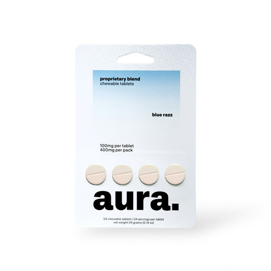AURA. PROPRIETARY BLEND KRATOM CHEWABLE TABLETS 100MG 4CT - BLUE RAZZ