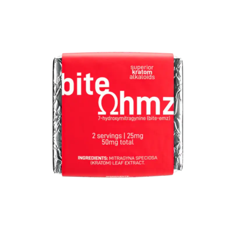 Red and white product package labeled ’bite ohmz’ with 2 servings of 25mg each.