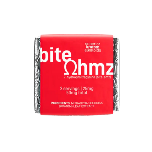 Red and white product package labeled ’bite ohmz’ with 2 servings of 25mg each.