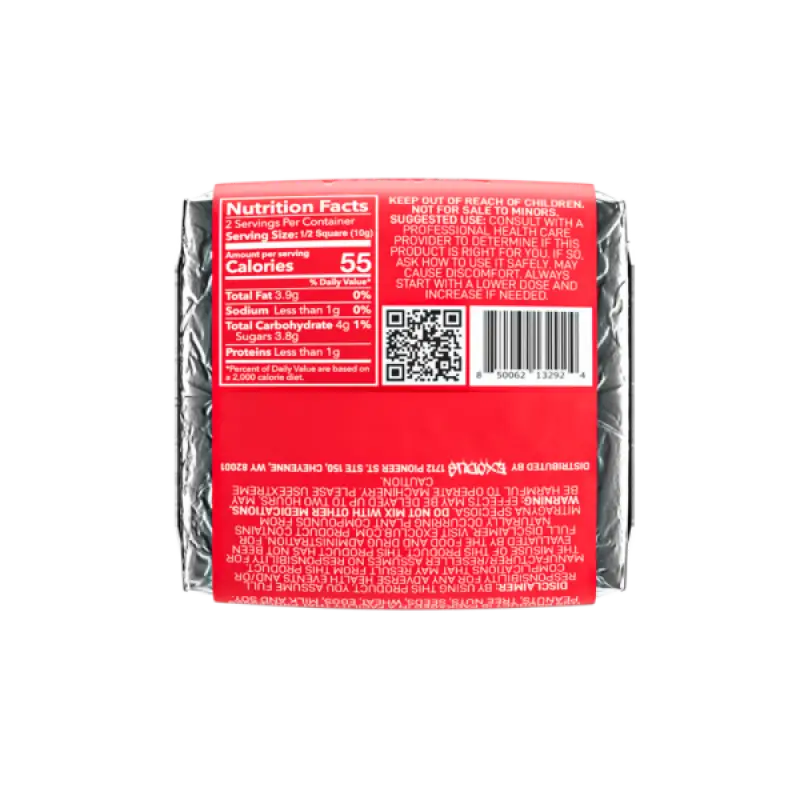 Back panel of a candy bar wrapper showing nutrition facts and product information.