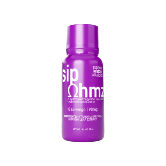 Purple bottle labeled ’sip ohm’ containing a supplement drink.