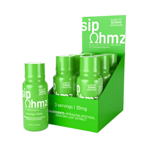 Bright green bottles of Sip Ohmz beverage shots displayed in a retail box.