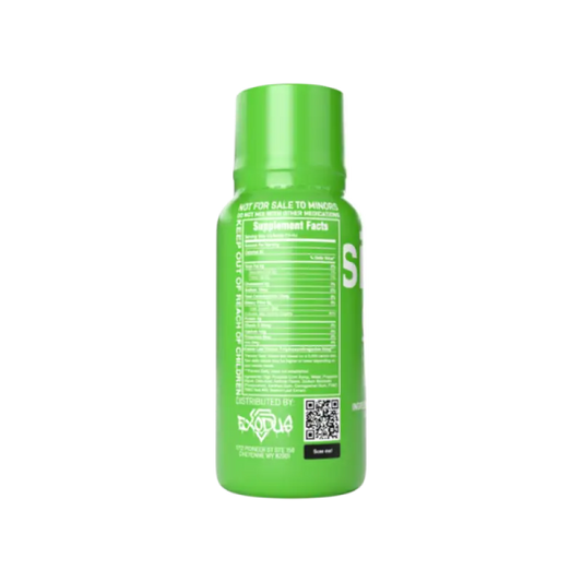 Bright green plastic bottle with a nutrition label and QR code.