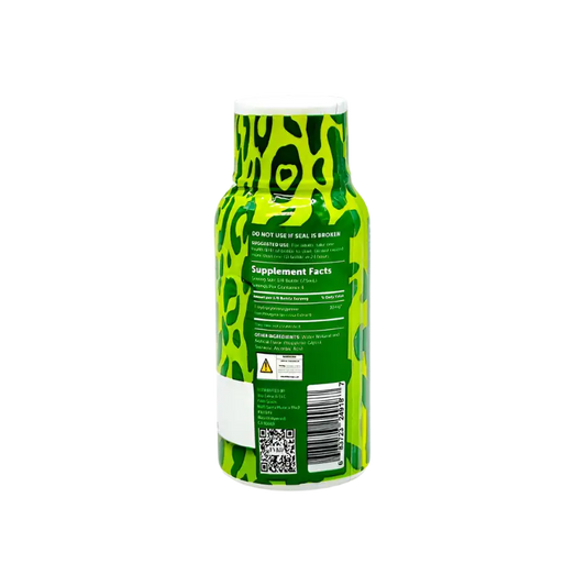 Green leopard-print supplement bottle.