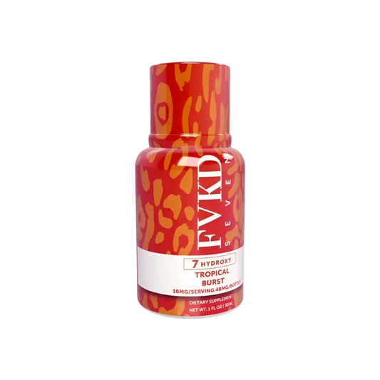 Red and orange leopard-print supplement bottle.