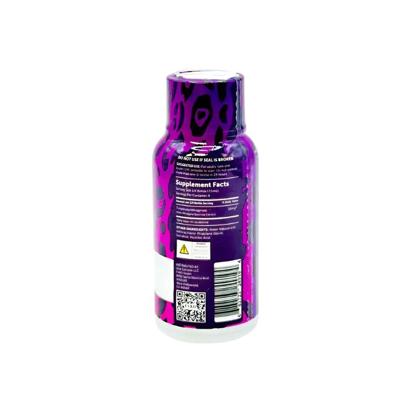 Purple and pink patterned supplement bottle.