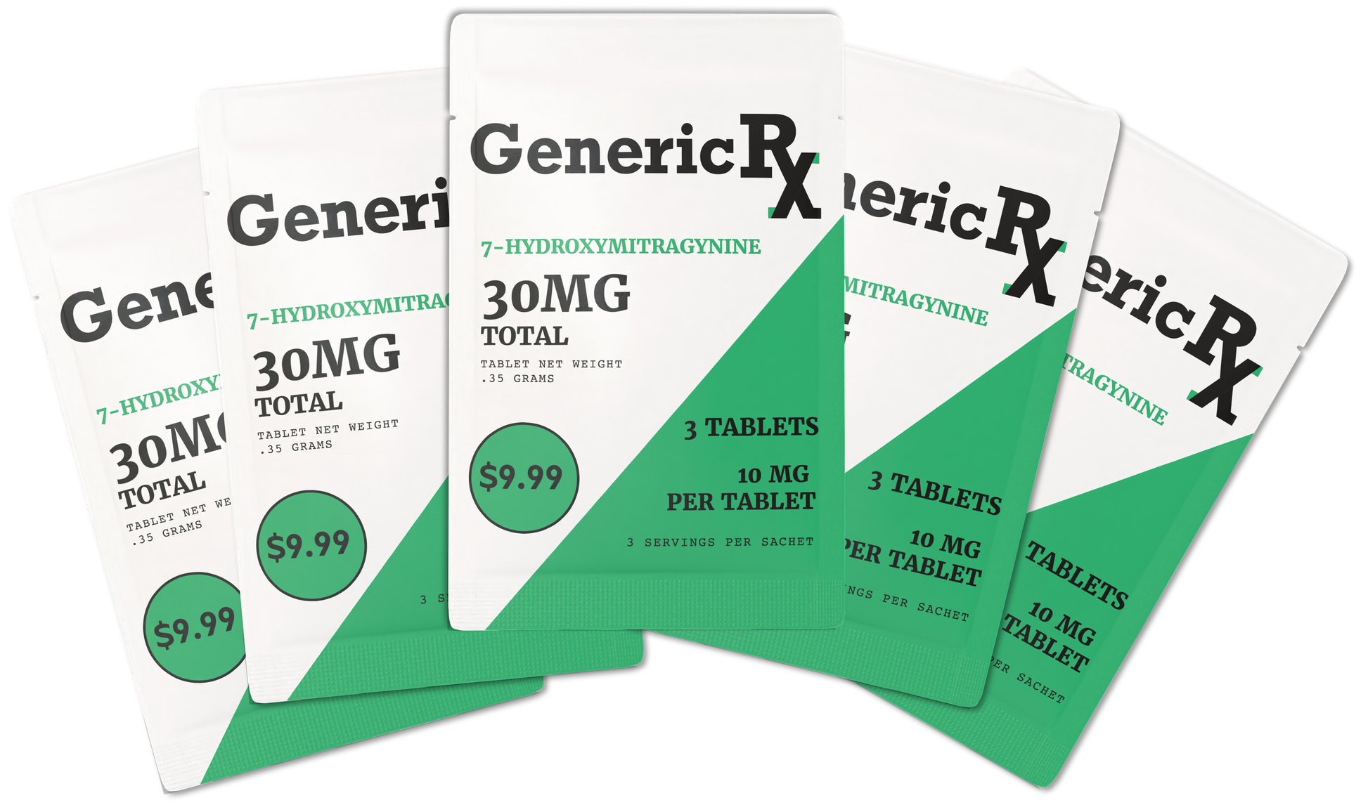 Several generic prescription medication packets with green and white coloring showing ’30MG’ dosage and price labels.