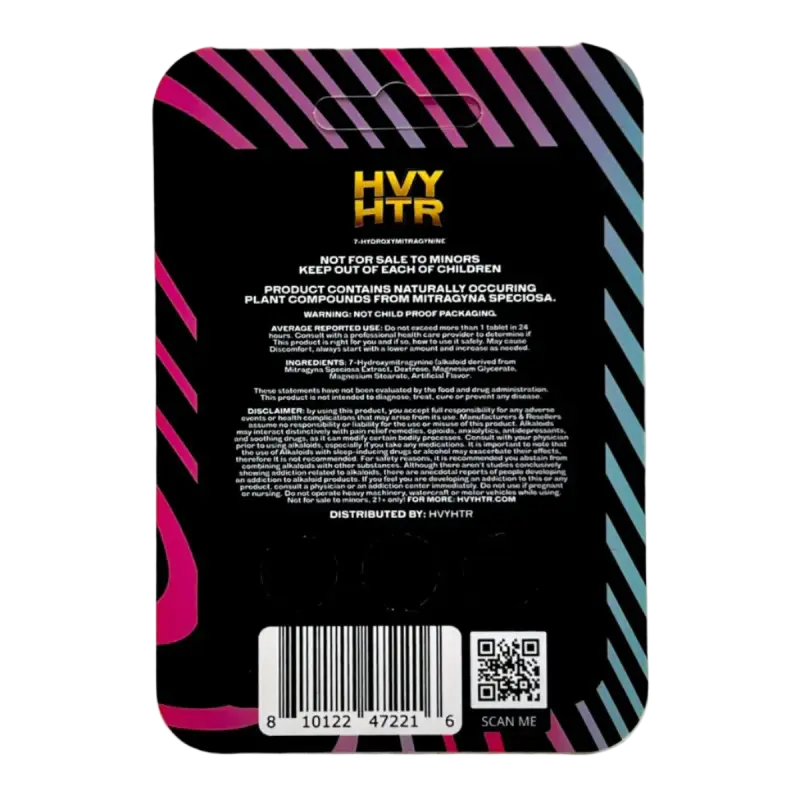 Back of a product package with ’HVY HTR’ branding and diagonal striped design in pink and blue colors.