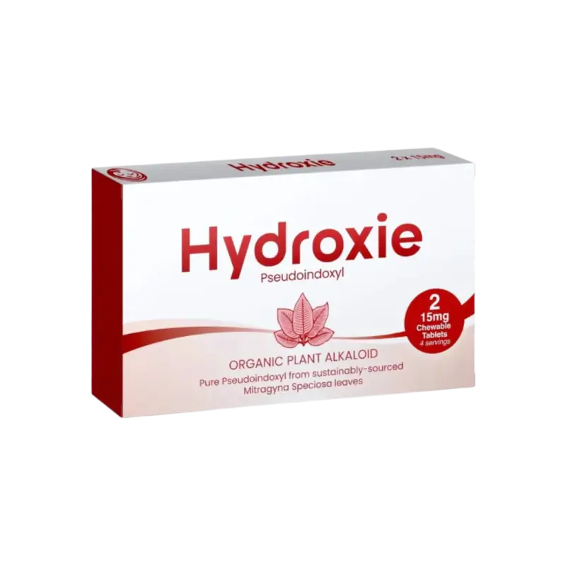 A box of Hydroxie organic plant alkaloid medication with a red lotus flower design.