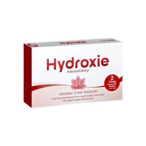 A box of Hydroxie organic plant alkaloid medication with a red lotus flower design.