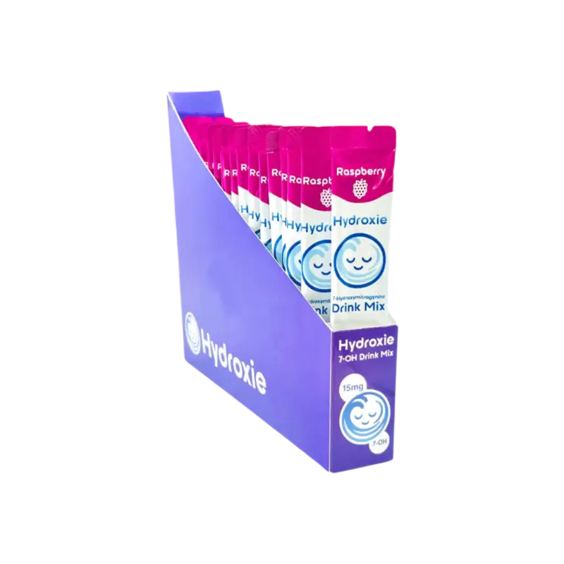 Purple and pink retail display box for Hydroxie drink mix packets.