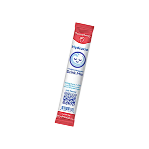 Strawberry-flavored Hydralyte drink mix packet with a smiling blue logo.