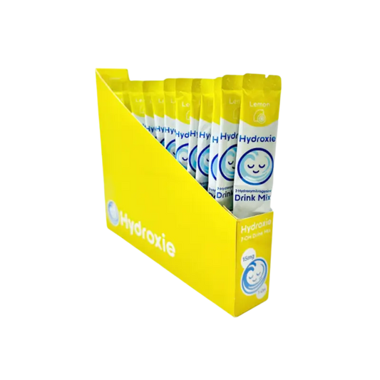 Yellow retail display box containing multiple Hydrozle drink mix packets.