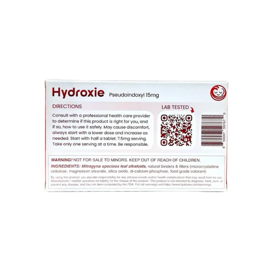 White and red pharmaceutical box labeled ’Hydroxie’ with directions and a QR code.