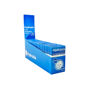 Blue retail display box containing multiple Hydroxie product packages.