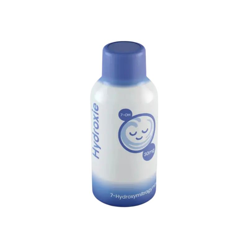 White plastic bottle with blue cap and cartoon face logo.