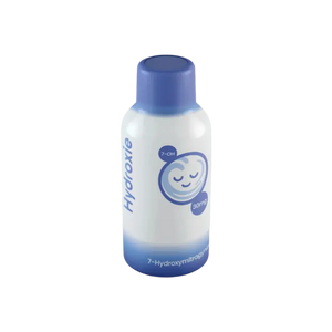 White plastic bottle with blue cap and cartoon face logo.