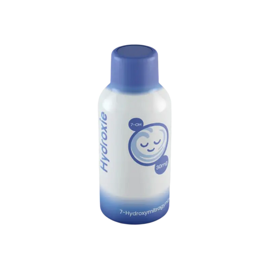 White plastic bottle with blue cap and cartoon face logo.