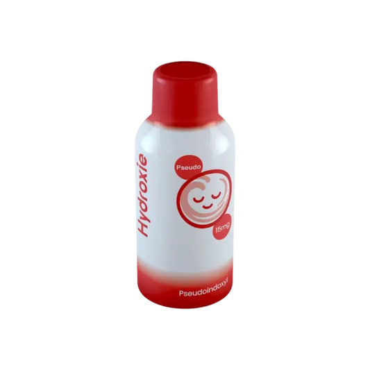 White and red plastic bottle with a smiling face logo.