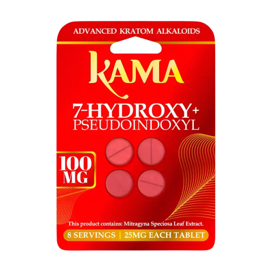 Red blister pack containing 4 tablets of Kama brand 7-hydroxy kratom alkaloids.