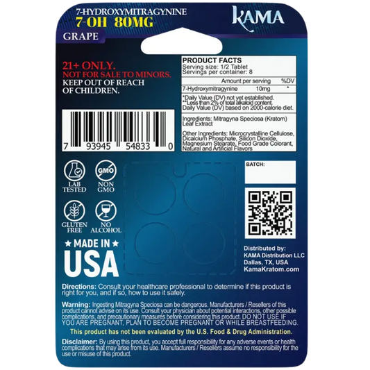 Product label for Kama grape-flavored 2-hydroxymitragynine 70H 80mg.