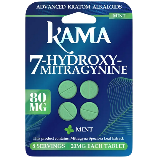 A package of mint-flavored Kama brand 7-hydroxy-mitragynine tablets containing 8 servings at 20mg each.