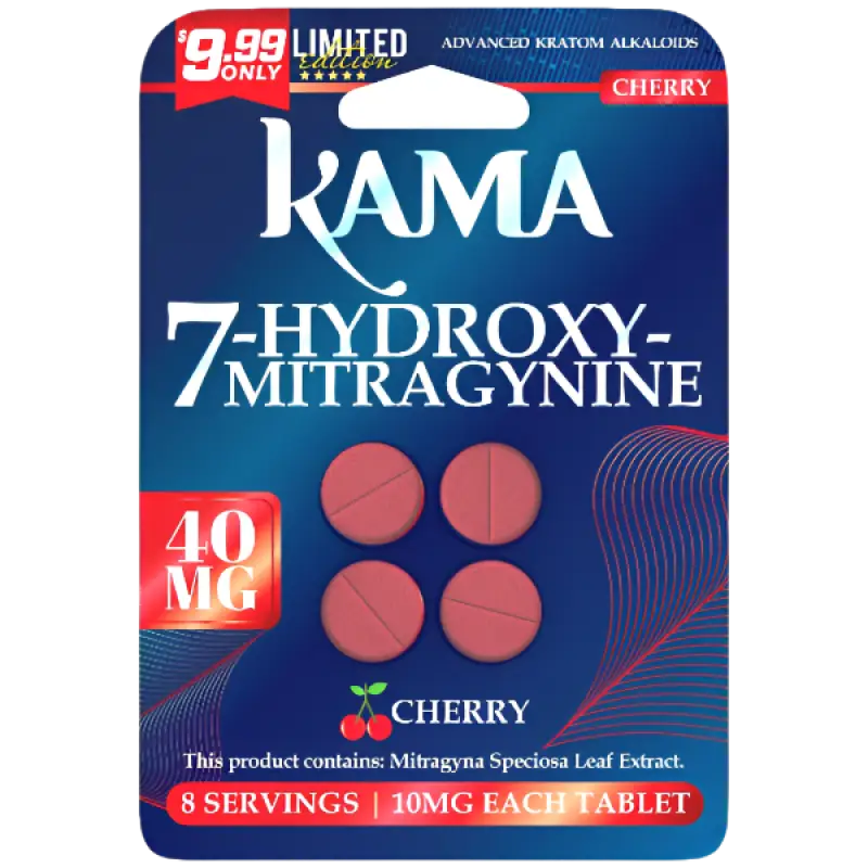 Kama cherry flavored 7-hydroxy-mitragynine tablets.