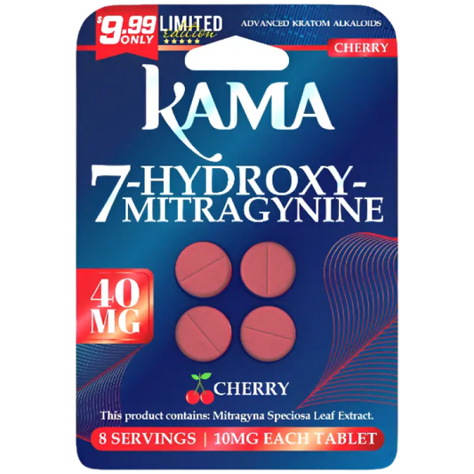 Kama cherry flavored 7-hydroxy-mitragynine tablets.